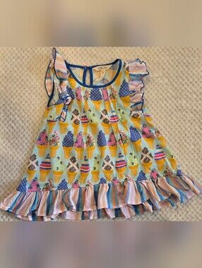 Matilda Jane Girls Ice Cream Print Ruffle Tunic Top Size 4 Gently Used